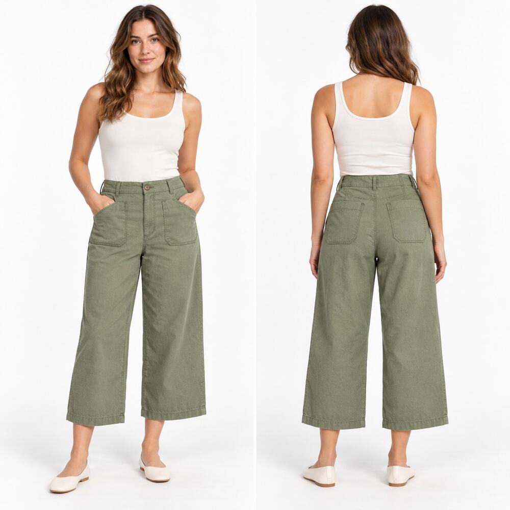 By Anthropologie Womens 32 Olive Green Crop Wide Leg Pants Linen Blend Stretch
